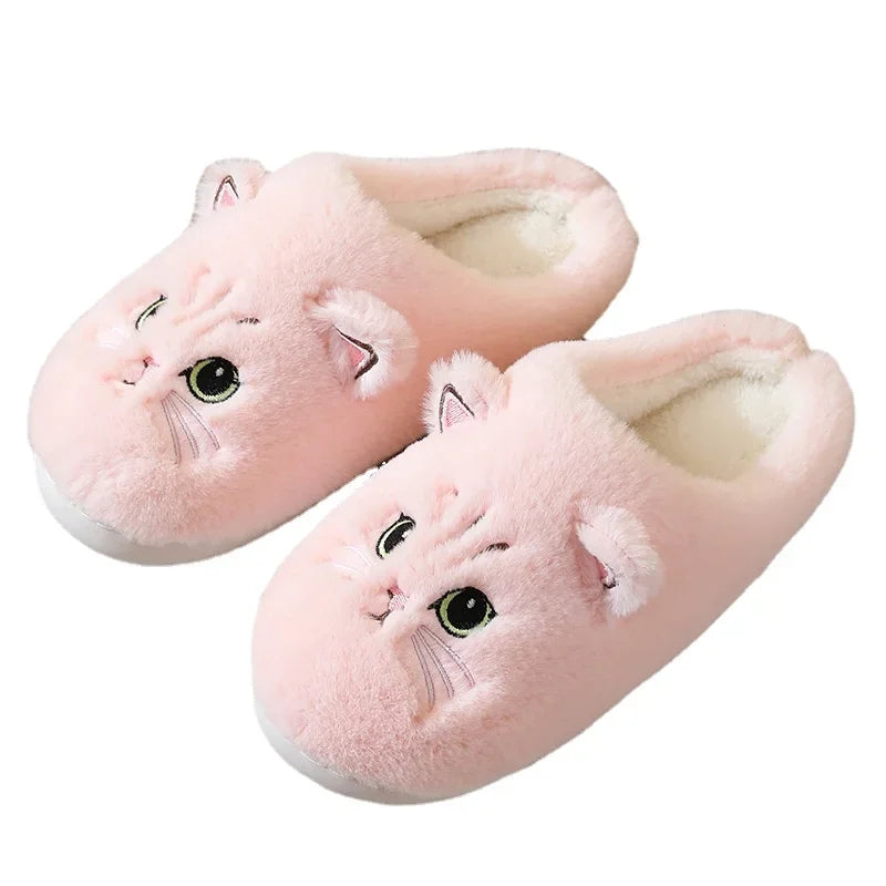 Winter Home Slippers Women Shoes Cute Cartoon Cat Slippers Men Warm Plush Slides Indoor Bedroom Non-Slip Floor Slipper