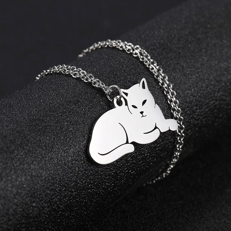 Unift Lovely Cat Pendant Necklace for Women Girl Stainless Steel Neck Chain Choker Pet Kitten Animal Kid Daughter Jewelry Gift