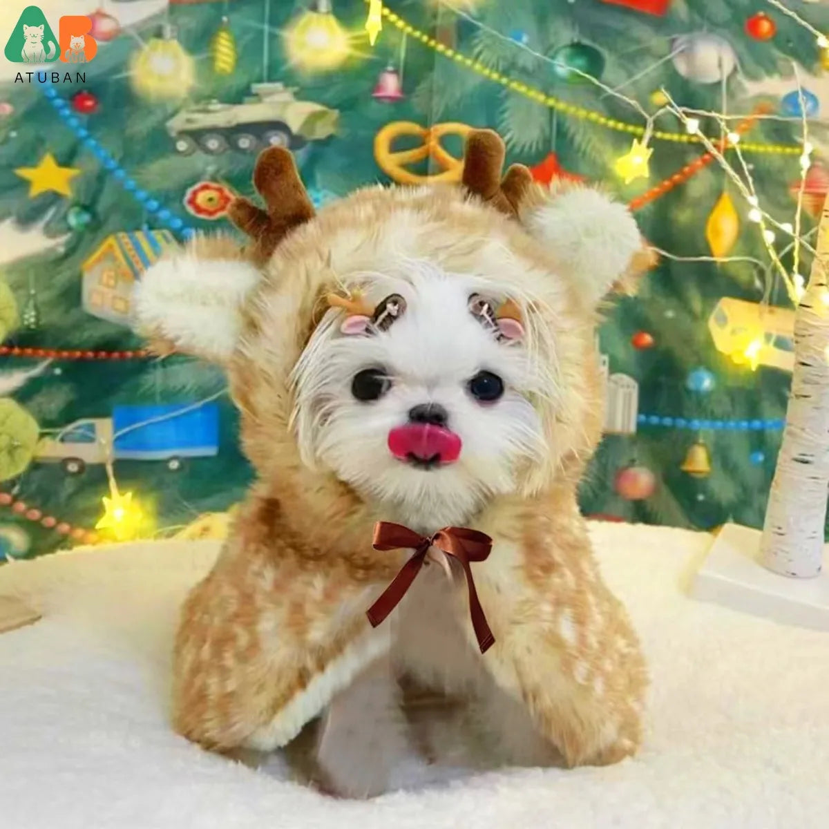 ATUBAN Christmas Puppy Reindeer Costume Xmas Dog Elk Cloak with Antlers Cat Santa Cape Christmas Dog Outfit for Small Medium Dog