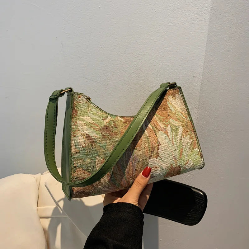 Fashion Vintage Women Oil Painting Design Shoulder Bags Ladies Simple Flower Female Armpit Hobos Bags Small Clutch Handbag Totes