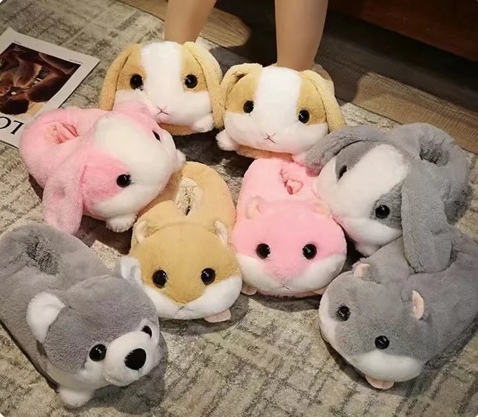 7色可愛卡通動物毛絨拖鞋哈士奇狗倉鼠兔子小兔子柔軟毛絨鞋冬季保暖室內拖鞋