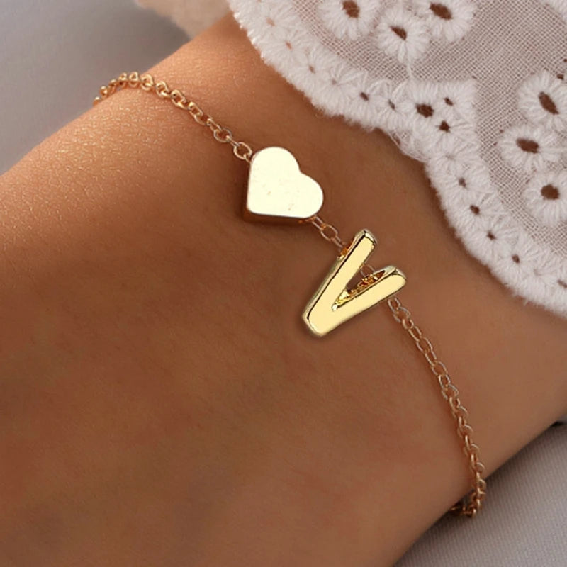 Fashion English Initial Letter Heart Bracelet DIY Personalized Name Bracelets Girls Women Anniversary Jewelry Gifts
