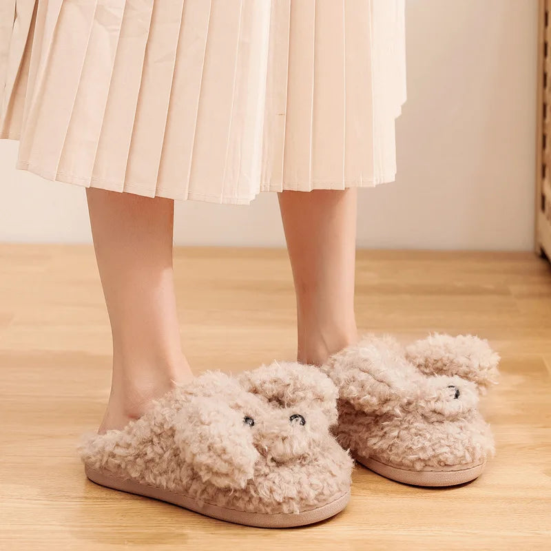 Pallene Short Fur Slippers For Women 2023 Winter Warm Furry Cozy Cotton Shoes For Home Indoor Cute Dog Couples Antiskid Slippers