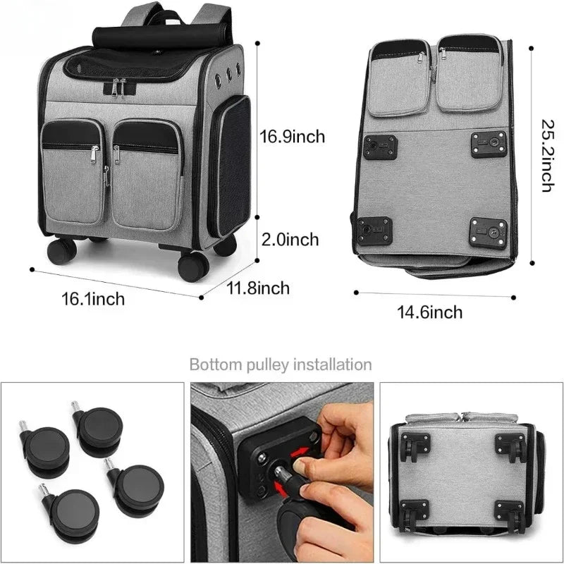 2 in 1 Large Pet Backpack Cat Stroller Pet Carrier with Wheels Portable Foldable Tie-Rod Pet Bag Cat and Dog Travel Carrier Bag