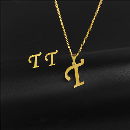 A-Z 26 charm Initial Necklace And Stud Earrings Jewelry Sets Alphabet Pendant Chain Letter mom Gifts Drop Shipping