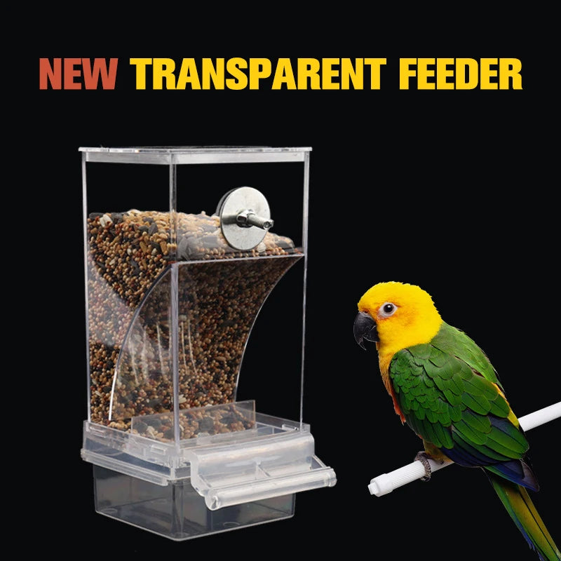 Mess Bird Cage Feeder Automatic Parrot Seed Feeders with Perch Acrylic Transparent Seed Food Container Cage Accessories