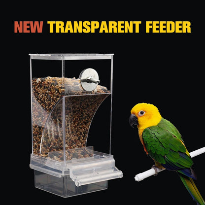 Mess Bird Cage Feeder Automatic Parrot Seed Feeders with Perch Acrylic Transparent Seed Food Container Cage Accessories