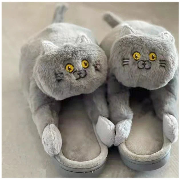 Cuddly Hug Cat Slippers Women Men Winter Home Slides Kawaii Floor Shoes Furry Slippers Girl White Mules Funny Cute Gift Slippers