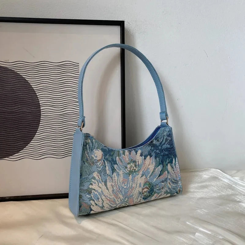 Fashion Vintage Women Oil Painting Design Shoulder Bags Ladies Simple Flower Female Armpit Hobos Bags Small Clutch Handbag Totes