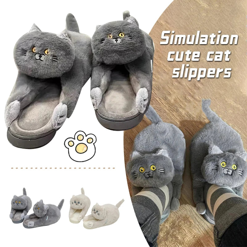 Cute Hug Cat Slippers British Shorthair Cat Design Winter Home Slides Kawaii Floor Shoes Furry Slippers Funny Cute Gift Slippers