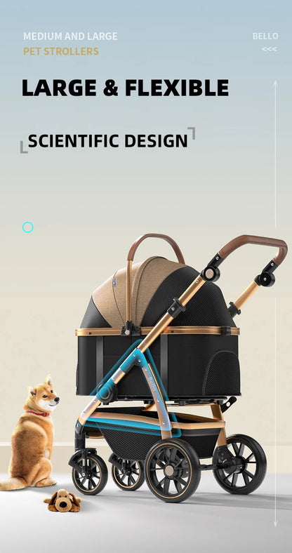 Bello Luxury large Pet Stroller Modern Detachable Medium and Large Cart Aluminum Alloy Cat Dog Hand adjustable Handel Pushing PU