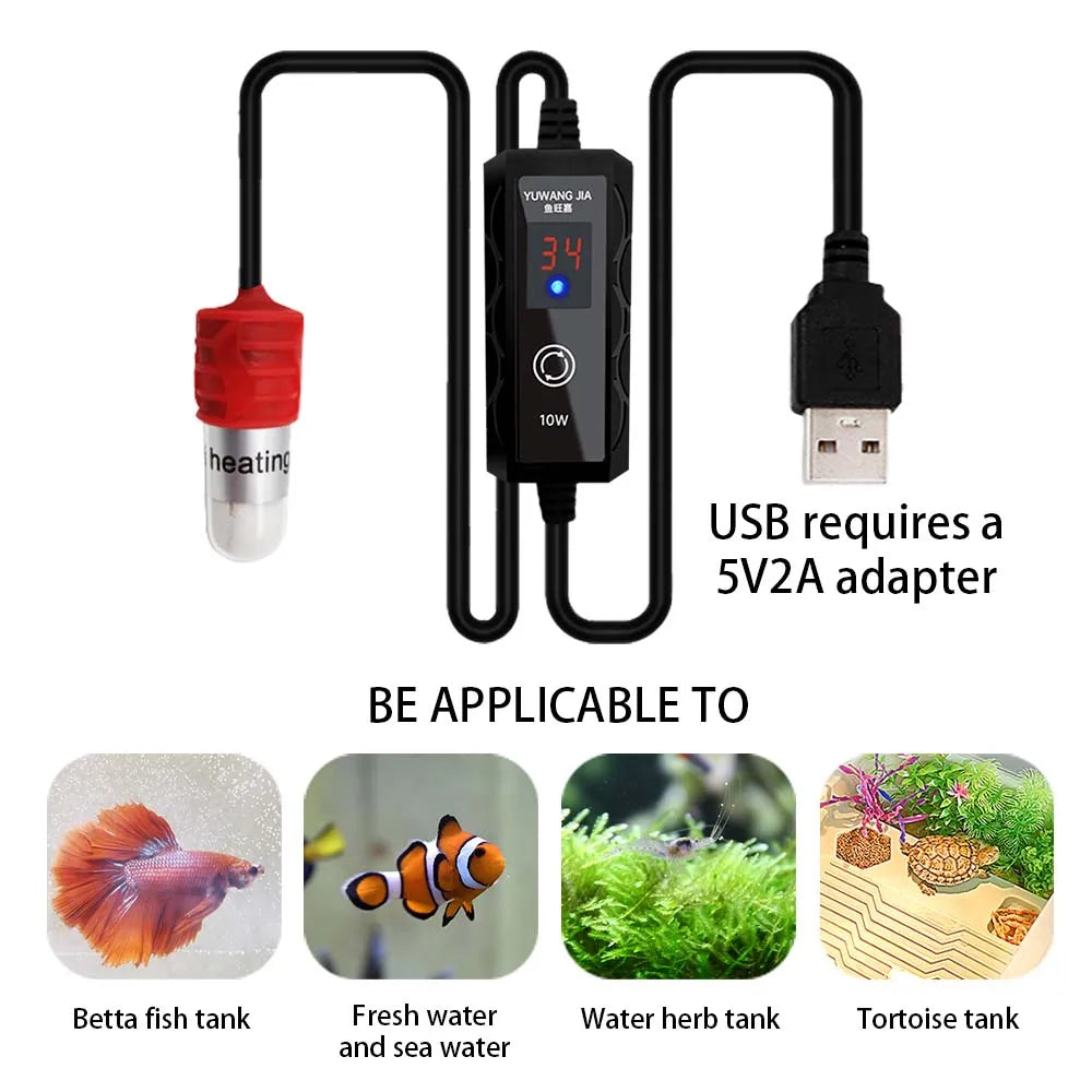 USB Mini Aquarium Heating Rod Fish Tank 10W 15W Submersible Thermostat Heater 18-34°C Adjustable Temperature Charging Tortoise