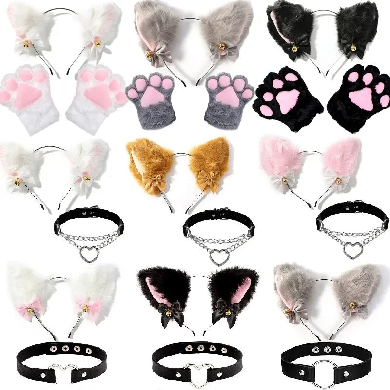 Cat Ear Bow Headband Necklace Cat Claw Gloves Cosplay Plush Bell Hairband Women Girl Masquerade Party Headwear Hair Accessories
