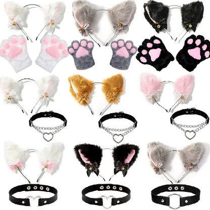 Cat Ear Bow Headband Necklace Cat Claw Gloves Cosplay Plush Bell Hairband Women Girl Masquerade Party Headwear Hair Accessories