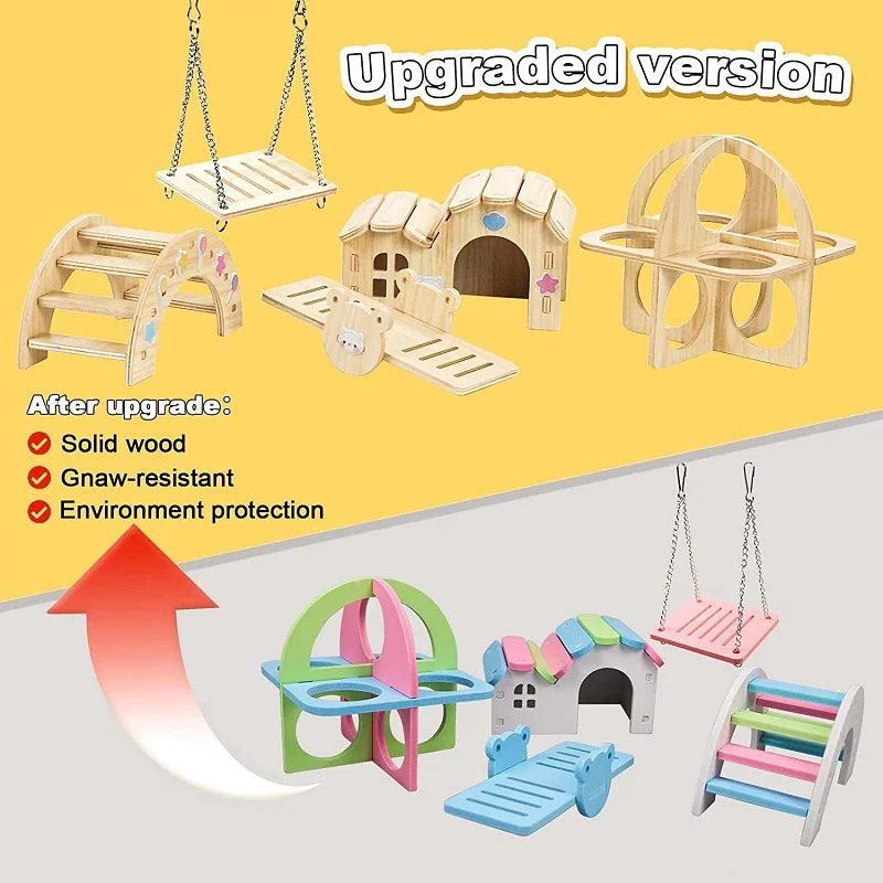 Pet Hamsters House DIY Wooden Gerbil Hideout Bridge Swing and Chinchilla Seesaw Pet Sport Exercise Toys Set  Cage Accessories