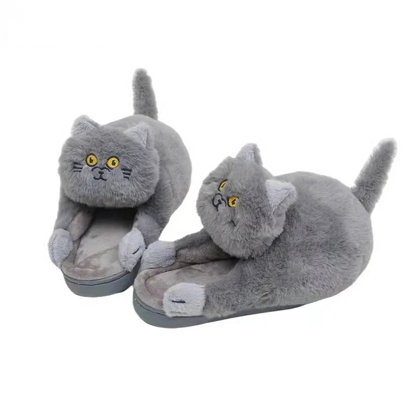 Footsie Cat Slippers Women's Winter Warm Shoes Free Shipping Funny Kitty Animal Slides Woman Fluffy Fur Mules Birthday Gift Toys