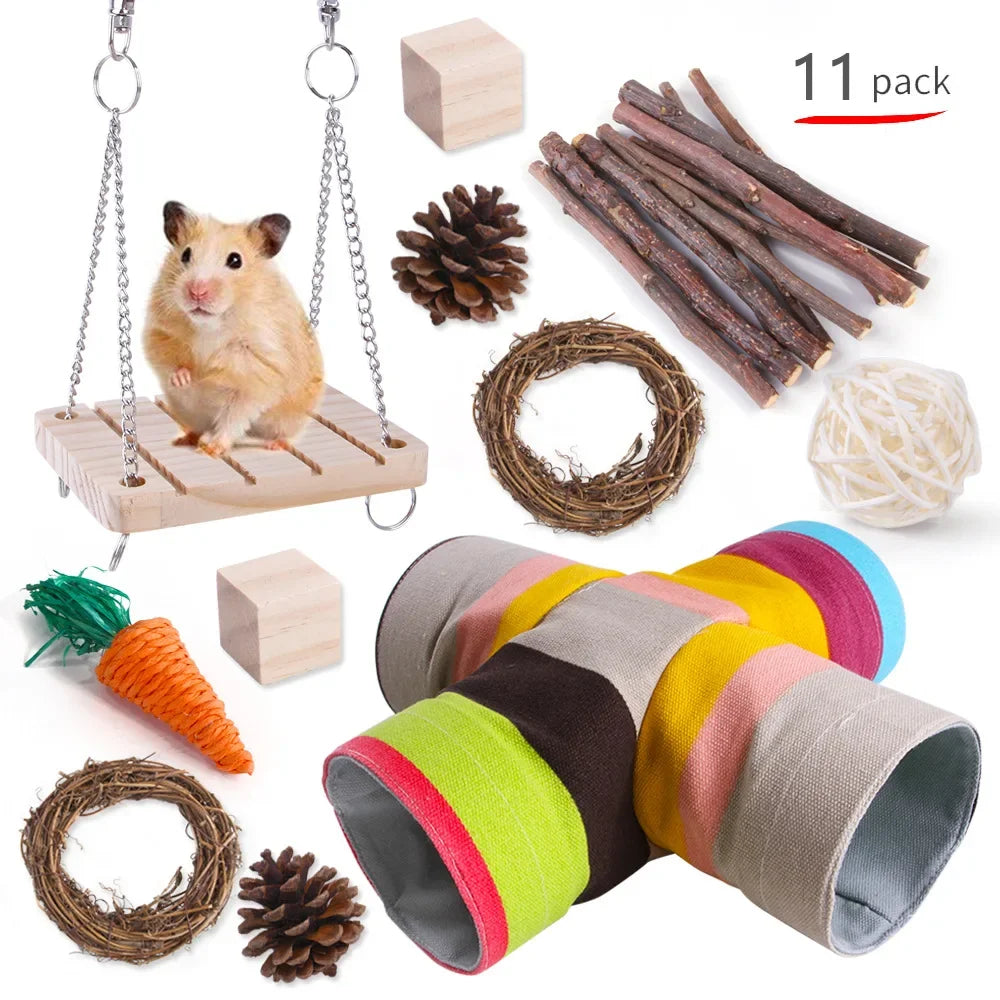 Combination Hamsters Rabbit Rat Toys Hamster Toys Set Pet Rabbit Guinea Pig Parrot Play Molar Wooden Supplies