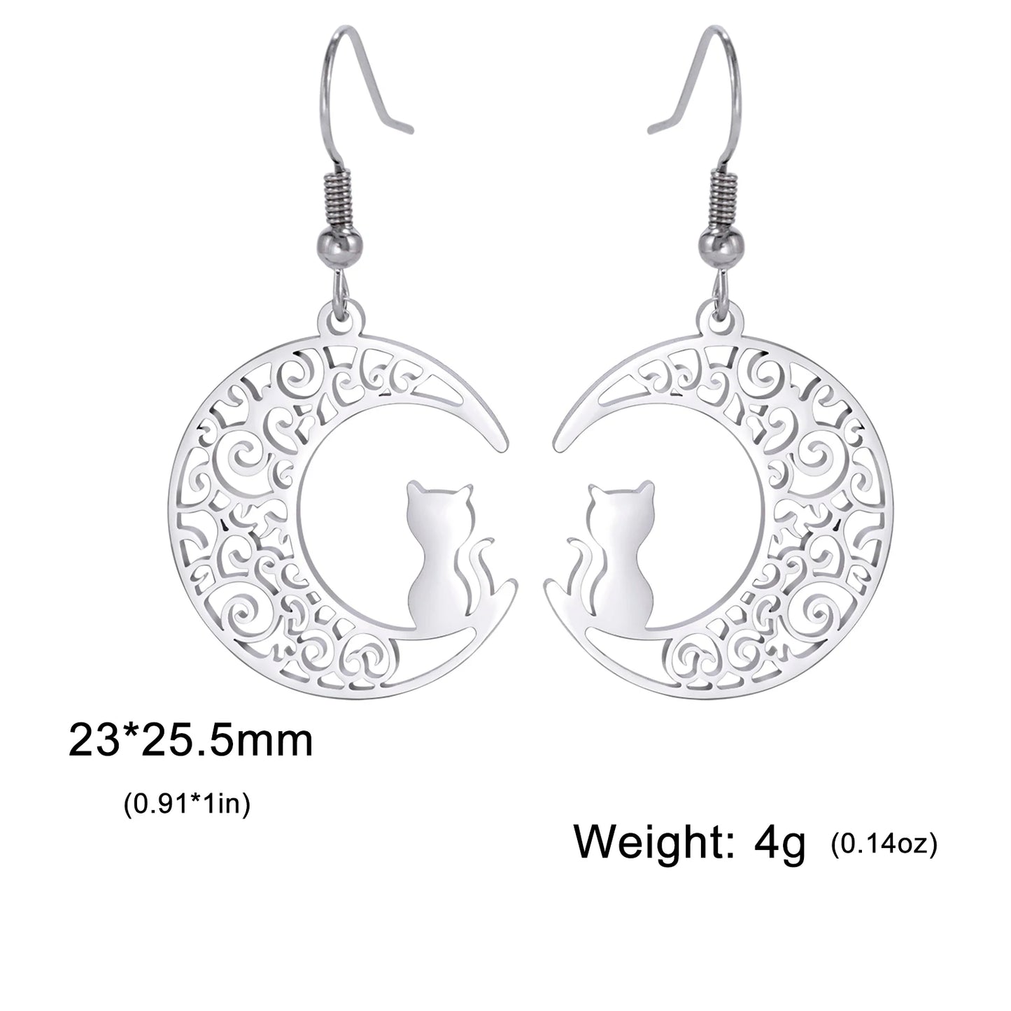 Cazador Cute Cat Kitten Crescent Moon Earrings for Women 2024 Stainless Steel Filigree Drop Earrings Jewelry Birthday Gift 2024