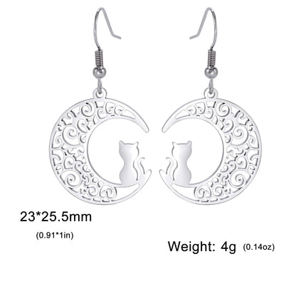 Cazador Cute Cat Kitten Crescent Moon Earrings for Women 2024 Stainless Steel Filigree Drop Earrings Jewelry Birthday Gift 2024