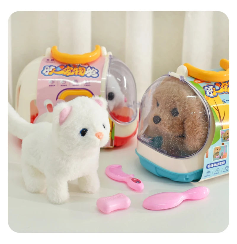 Children Pretend Play Pet Care Set Simulation Electric Plush Stuffed Dog Cat Rabbit Toy Walking Barking Education Toys for Girls