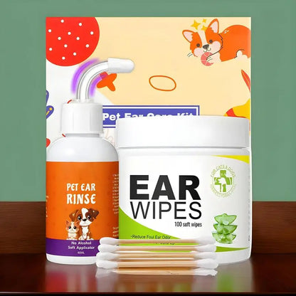 Pet Ear Cleaner 100X Puppy Ear Drops Cleaning Wipes Set Descaling Liquid 60ml For Home Travel Pet Care Supplies For Itch Relief
