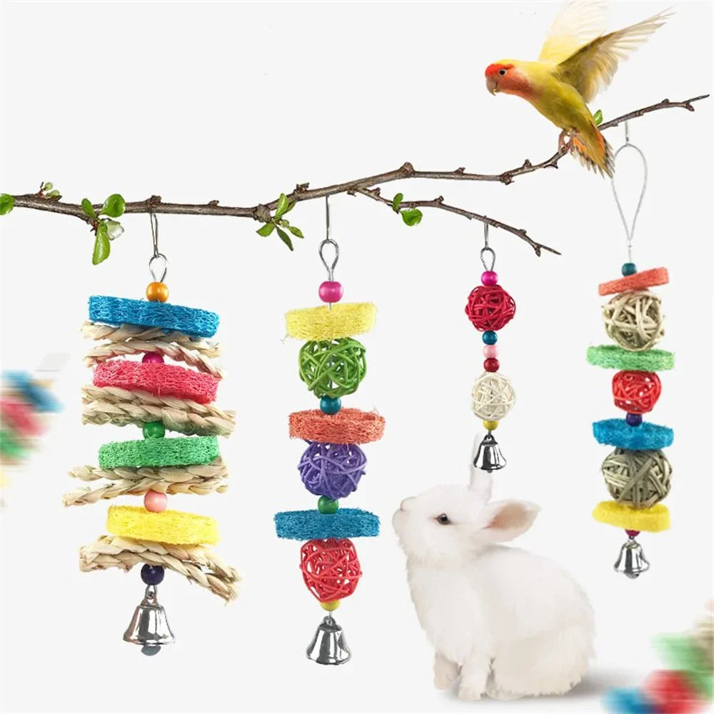 Rabbit Hamster Chewing Toy Hanging Bells Rattan Balls Molars Toy Pet Chinchilla Guinea Pig Bird Parrots Parakeet Birdcage Decor