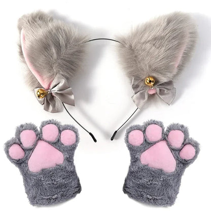 Cat Ear Bow Headband Necklace Cat Claw Gloves Cosplay Plush Bell Hairband Women Girl Masquerade Party Headwear Hair Accessories