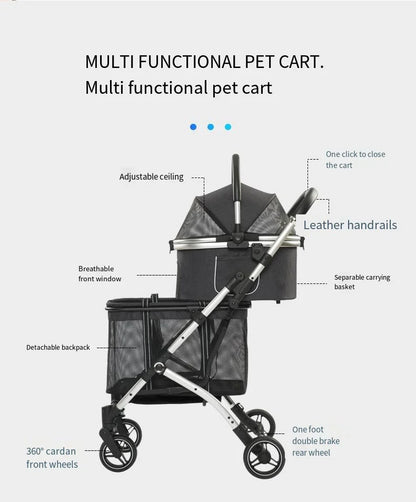 2025 New Dog Stroller with Double Layered Upper and Lower Compartments, Large Space for Pets, Multiple Cats, Dogs, and Dogs Cart
