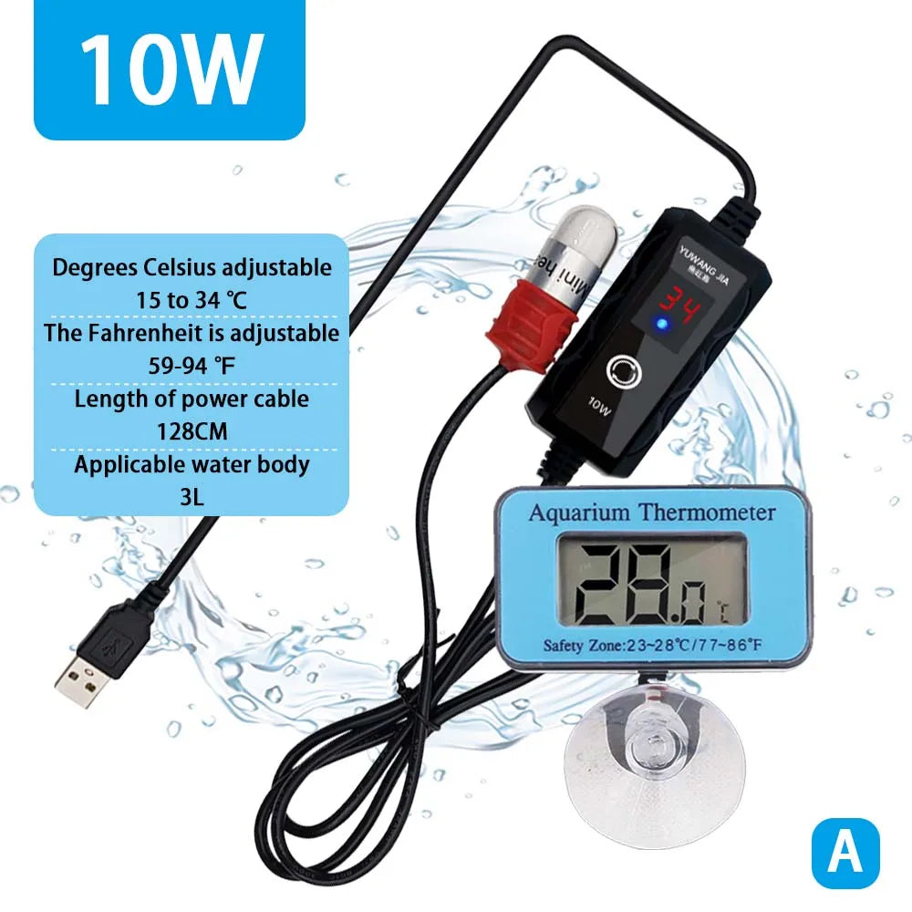 USB Mini Aquarium Heating Rod Fish Tank 10W 15W Submersible Thermostat Heater 18-34°C Adjustable Temperature Charging Tortoise