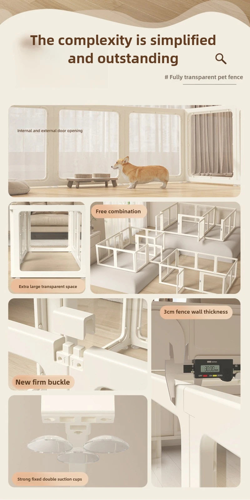 Pet Fence Fully Transparent Houses Acrylic Large Dog Fence Indoor Dog House.Large Space Dog Crate Double Suction Cup Design
