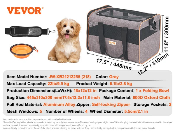 VEVOR Pet Cat Carrier Breathable Outgoing Dog Carry Backpack with Telescopic Handle Wheels and Shoulder Strap for Travel Trip