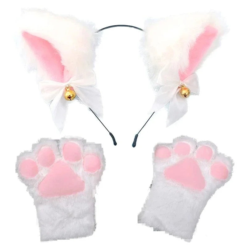 Cat Ear Bow Headband Necklace Cat Claw Gloves Cosplay Plush Bell Hairband Women Girl Masquerade Party Headwear Hair Accessories