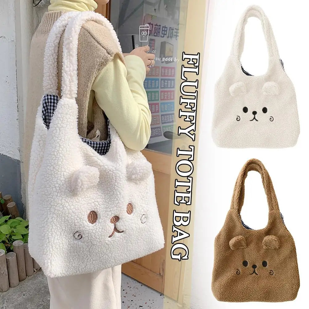 School Bag Cartoon Embroidery New Winter Soft Plush Tote Bag Shopper Bag Shoulder Bag For Women Cute B5K9