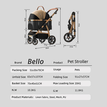 Bello Luxury large Pet Stroller Modern Detachable Medium and Large Cart Aluminum Alloy Cat Dog Hand adjustable Handel Pushing PU
