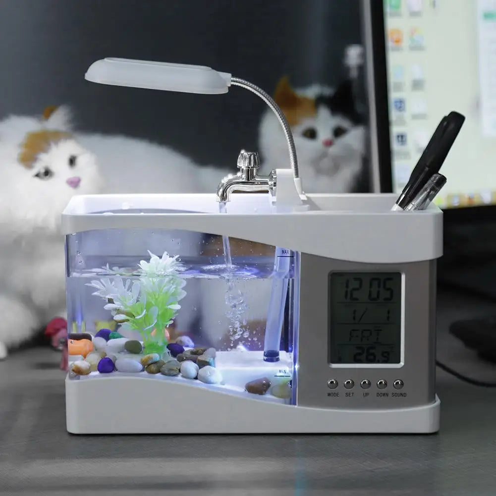 USB Mini Aquarium Fish Tank with LED Light & LCD Clock - Decorative Beta Fish Tank with Pebbles