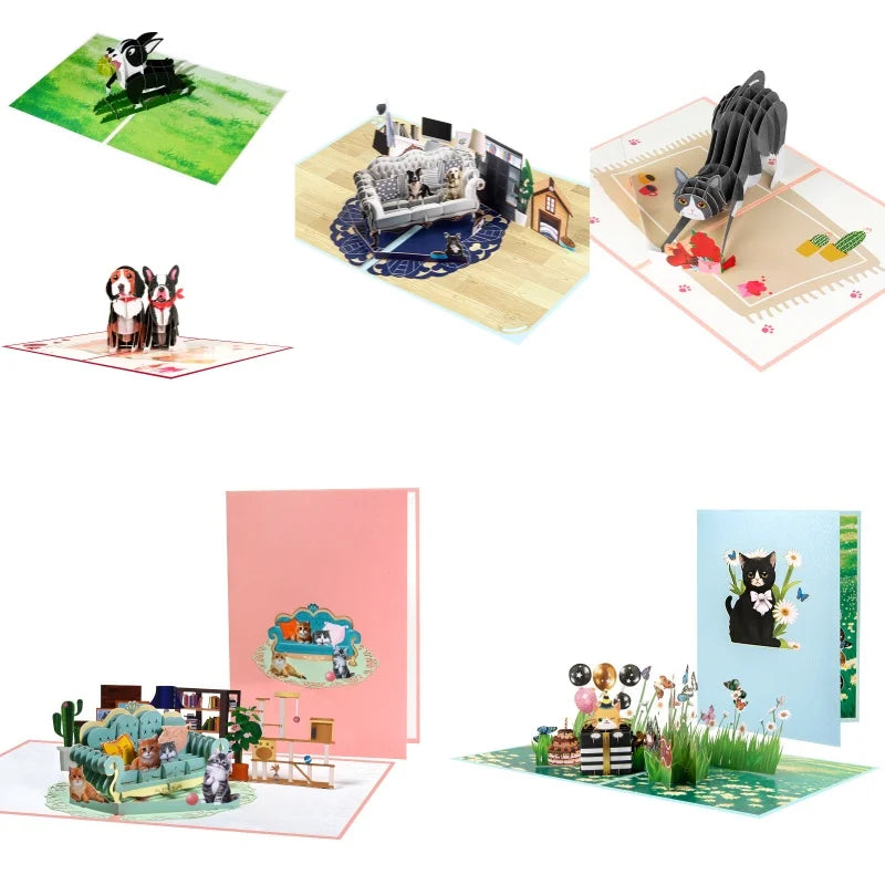 3D Animals Pop up Party Greeting Postcards Gifts Card Cat Dog Gift for Kids Birthday