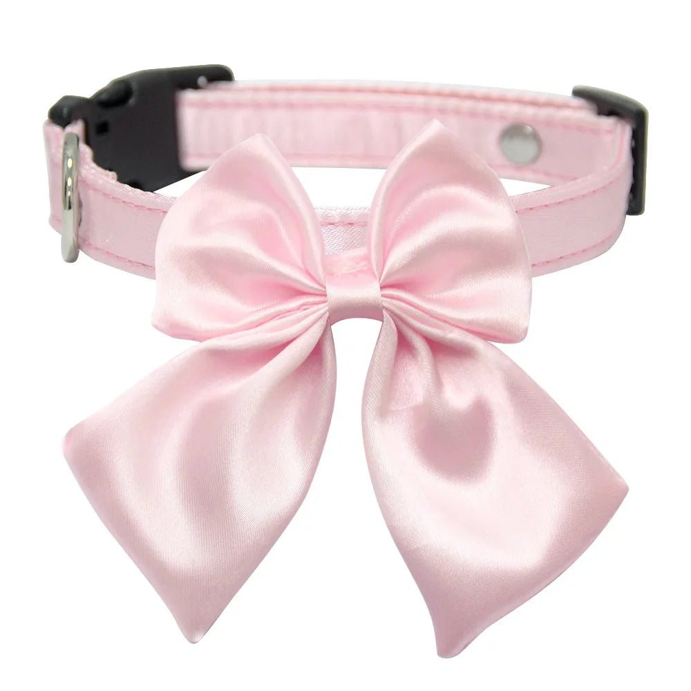 Silk Pink Dog Collar Adjustable Collar for Girl  Puppy Kitten Cats Big Bow White Pet Collar with Metal Buckle Pet Accessories