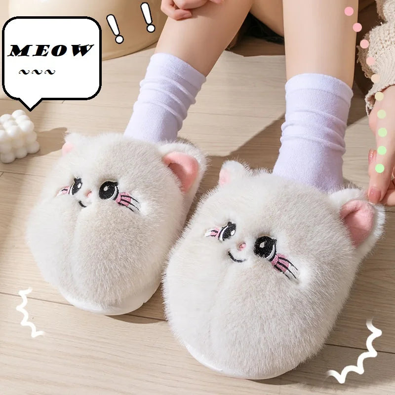 Cuddly Hug Cat Slippers Women Men Winter Home Slides Kawaii Floor Shoes Furry Slippers Girl White Mules Funny Cute Gift Slippers