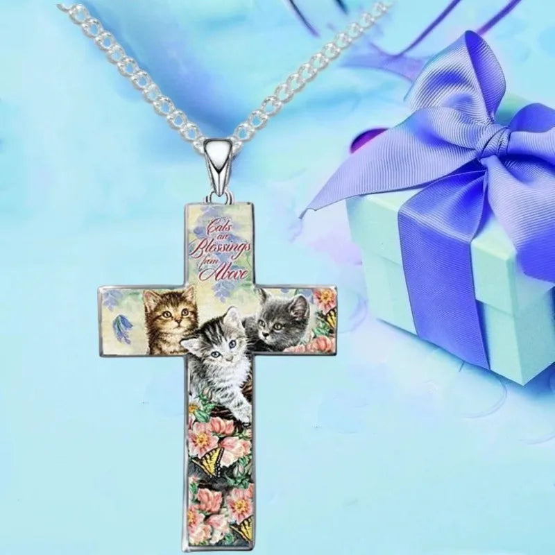 Stylish and Exquisite Three Cats Cross Pendant Necklace for Kid Christian Religious Jewelry Accessories