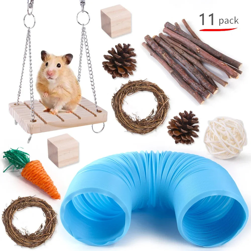 Combination Hamsters Rabbit Rat Toys Hamster Toys Set Pet Rabbit Guinea Pig Parrot Play Molar Wooden Supplies