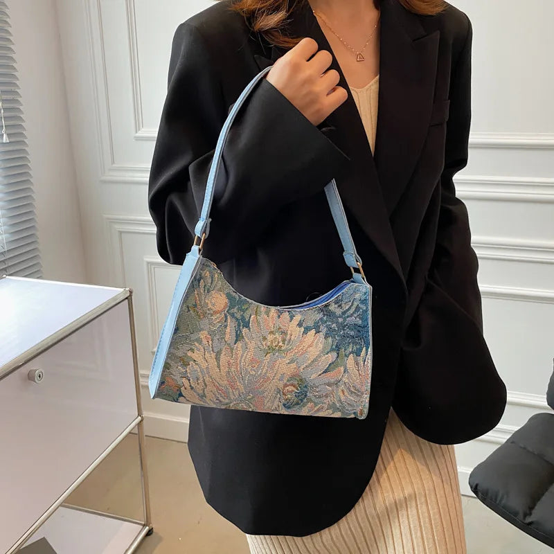Fashion Vintage Women Oil Painting Design Shoulder Bags Ladies Simple Flower Female Armpit Hobos Bags Small Clutch Handbag Totes