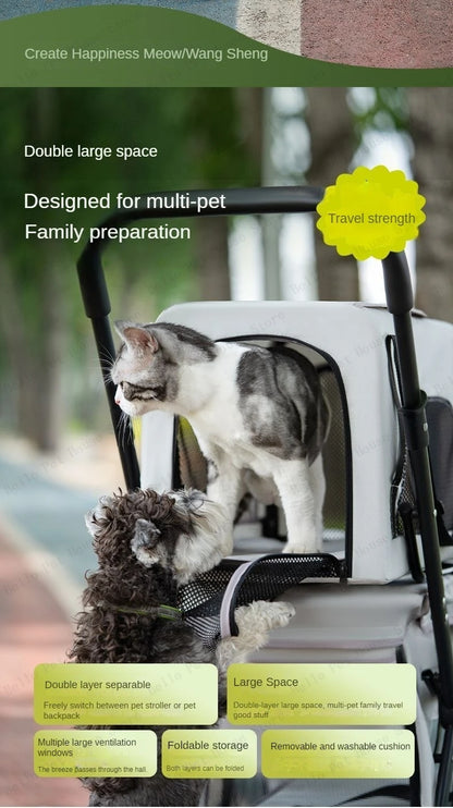 Multifunctional Double-layer Pet Stroller Lightweight and Foldable Travel cat Stroller Detachable Pet Handbag Pet Supplies