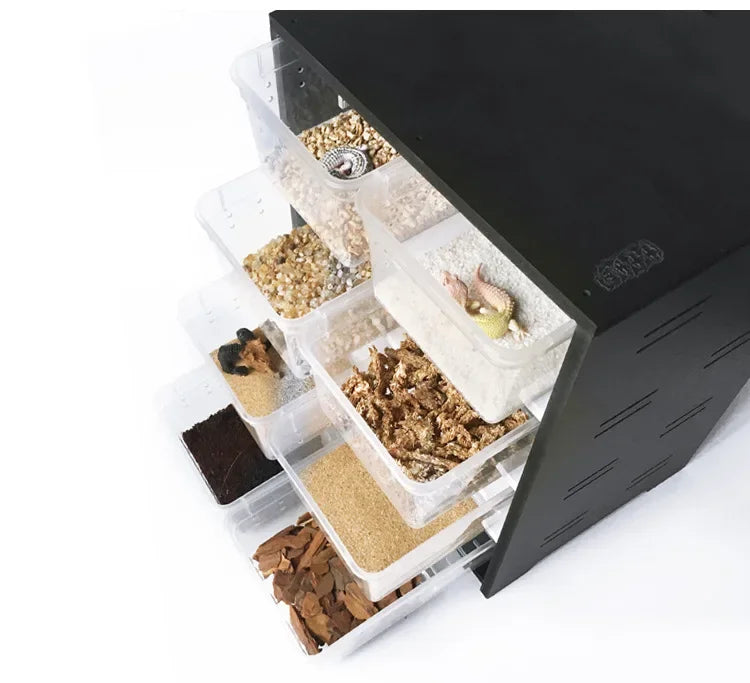 Pet Reptiles Acrylic Feeding Box 4 Layers Breeding Tank Insect Spider Turtle Cage with Heating Pad and Thermometer for Amphibian
