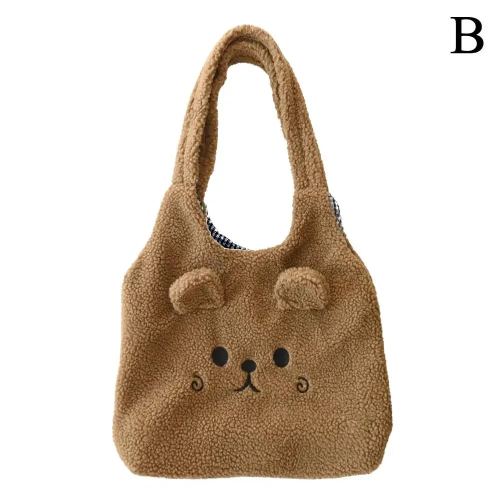 School Bag Cartoon Embroidery New Winter Soft Plush Tote Bag Shopper Bag Shoulder Bag For Women Cute B5K9