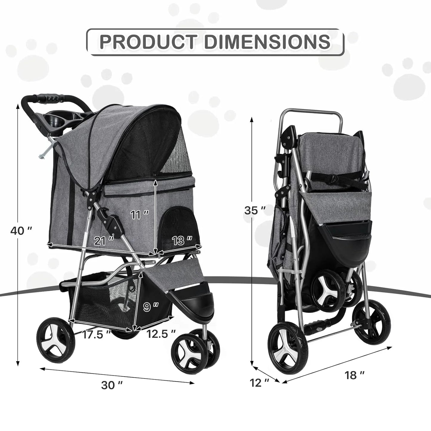 Foldable Pet Stroller Trolley Carrier With Wheels 3 Wheels Pet Strolling Cart For Small/Medium Dogs And Cats With Storage Basket