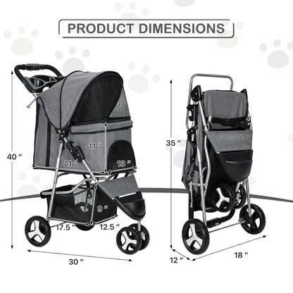 Foldable Pet Stroller Trolley Carrier With Wheels 3 Wheels Pet Strolling Cart For Small/Medium Dogs And Cats With Storage Basket