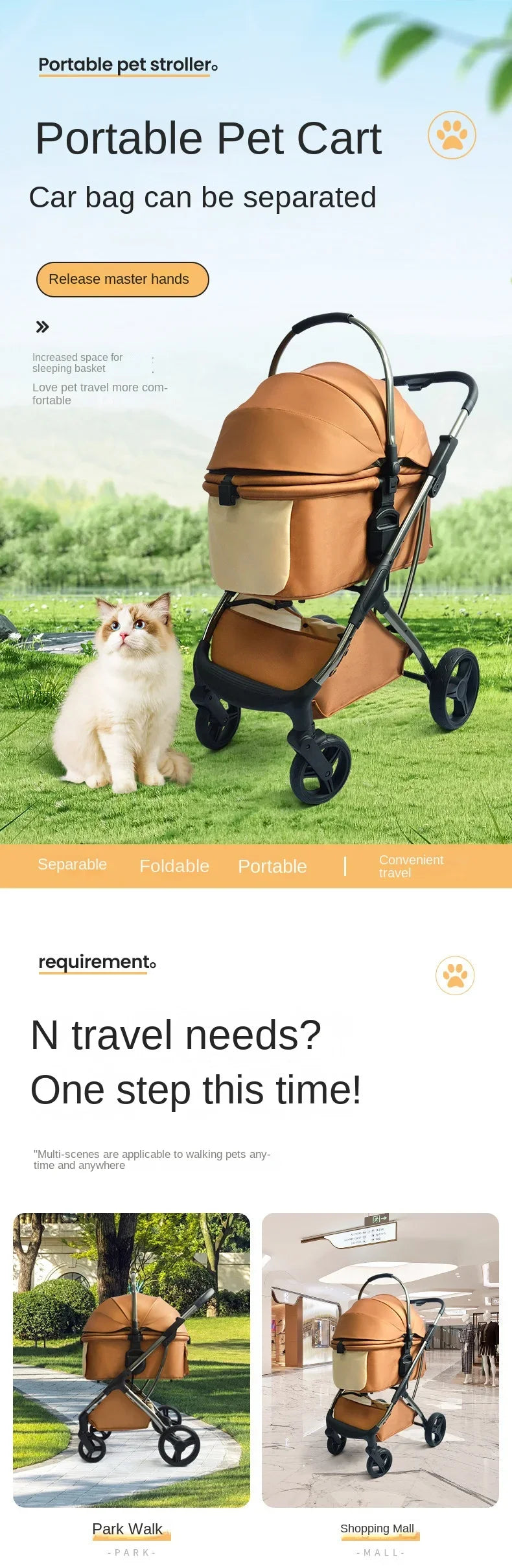Luxury Pet Stroller with High View and Detachable Carrier Bag for Small and Medium Dogs and Cats