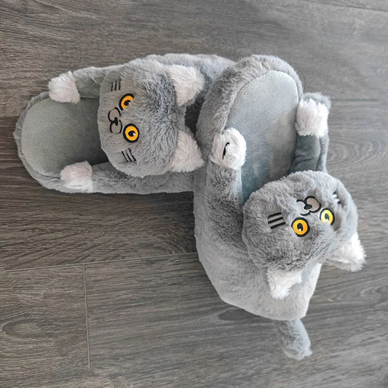 Footsie Cat Slippers Women's Winter Warm Shoes Free Shipping Funny Kitty Animal Slides Woman Fluffy Fur Mules Birthday Gift Toys