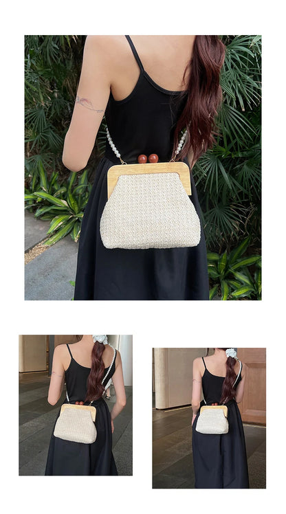 Design Woven Straw Clip Handbags and Purses Shouler Crossbody Bags for Women New Vintage Summer Beach Ladies Messenger Bags