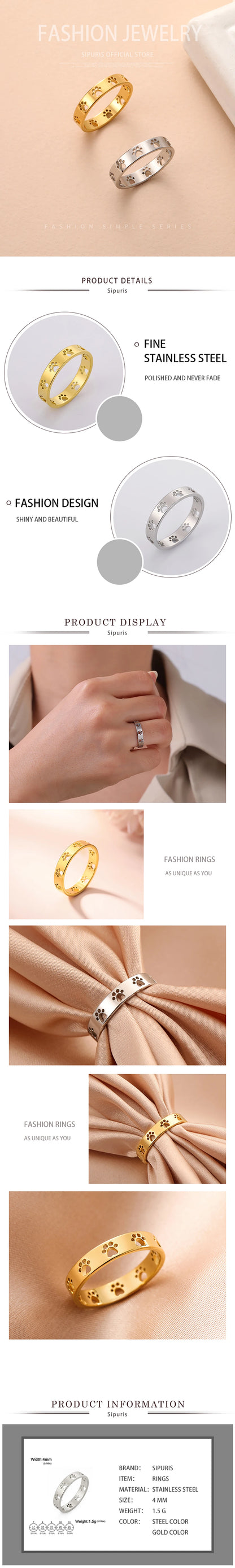 Sipuris Dog Paw Hollow Rings For Women Stainless Steel Gold Color Hip Hop Cute Ring Jewelry Gifts For Animal Dog Lovers